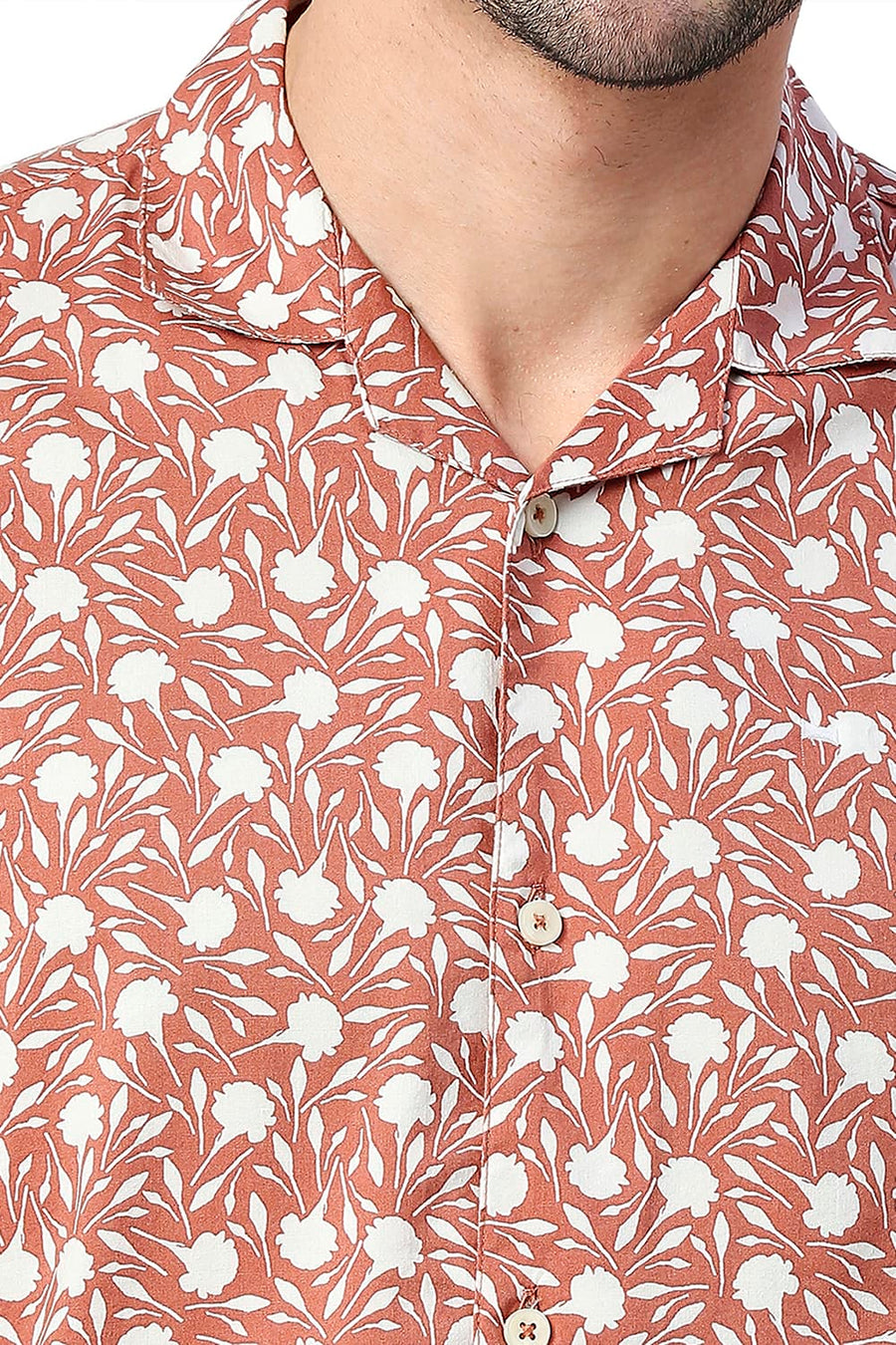 BASICS SLIM FIT SPICED BRICK COTTON VISCOSE PRINTED HALFSLEEVES SHIRT
