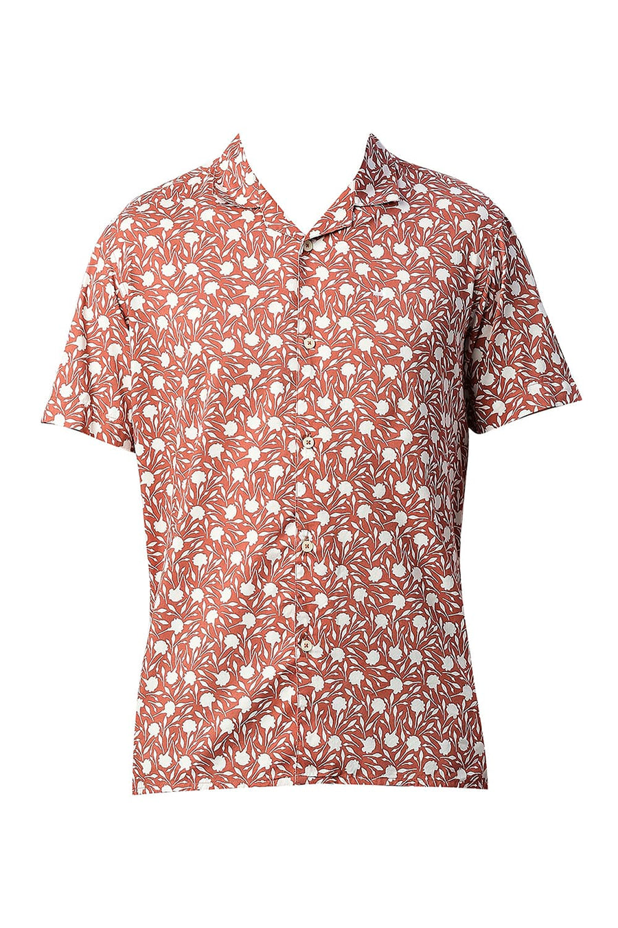 BASICS SLIM FIT SPICED BRICK COTTON VISCOSE PRINTED HALFSLEEVES SHIRT