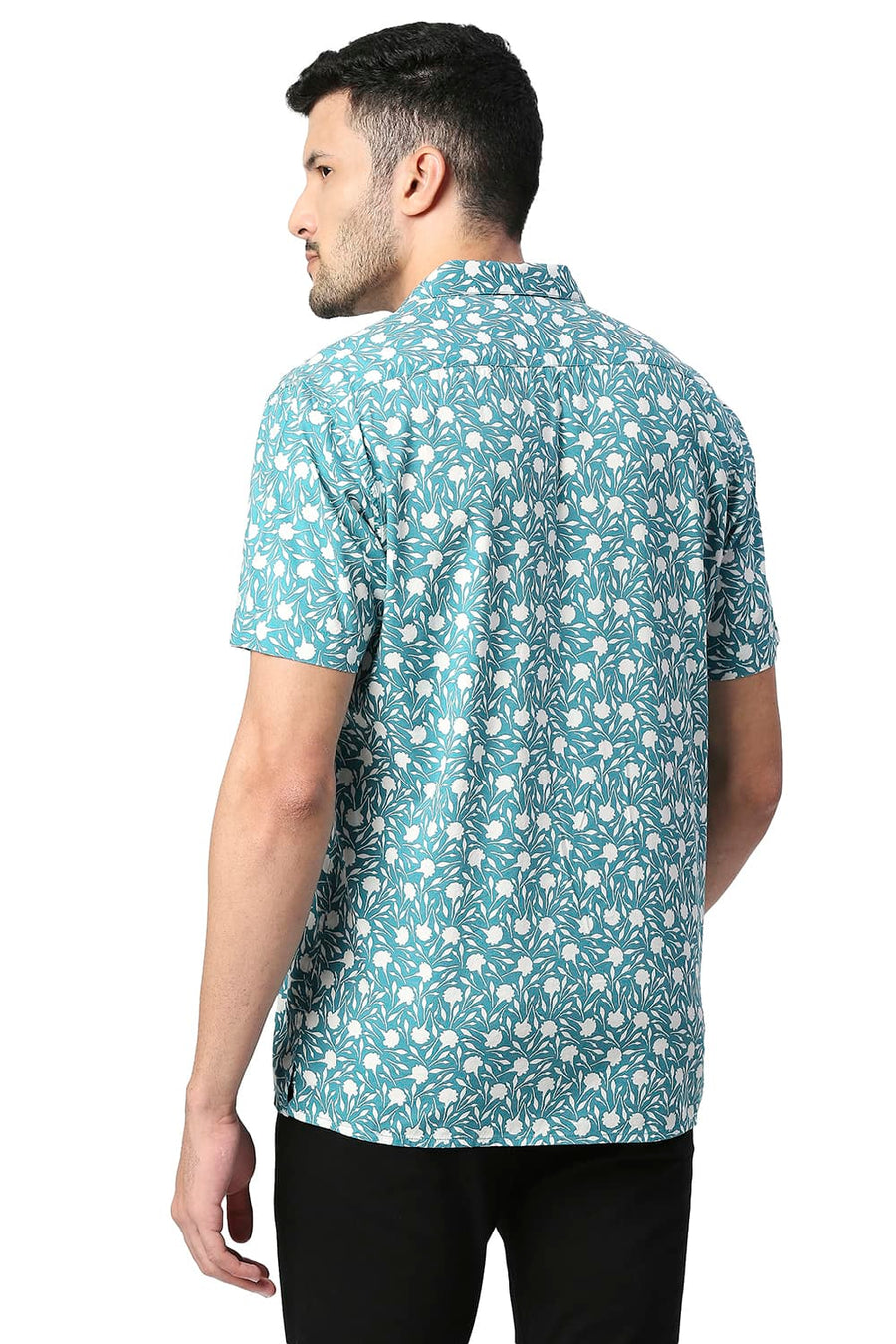 BASICS SLIM FIT DEEPLAKE TURQUOISE COTTON VISCOSE PRINTED HALFSLEEVES SHIRT