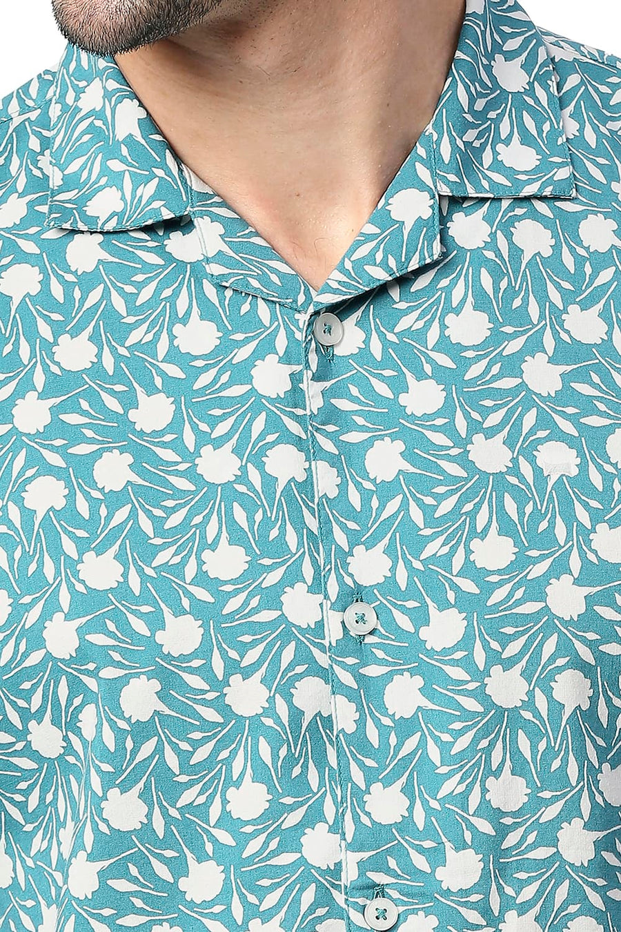 BASICS SLIM FIT DEEPLAKE TURQUOISE COTTON VISCOSE PRINTED HALFSLEEVES SHIRT