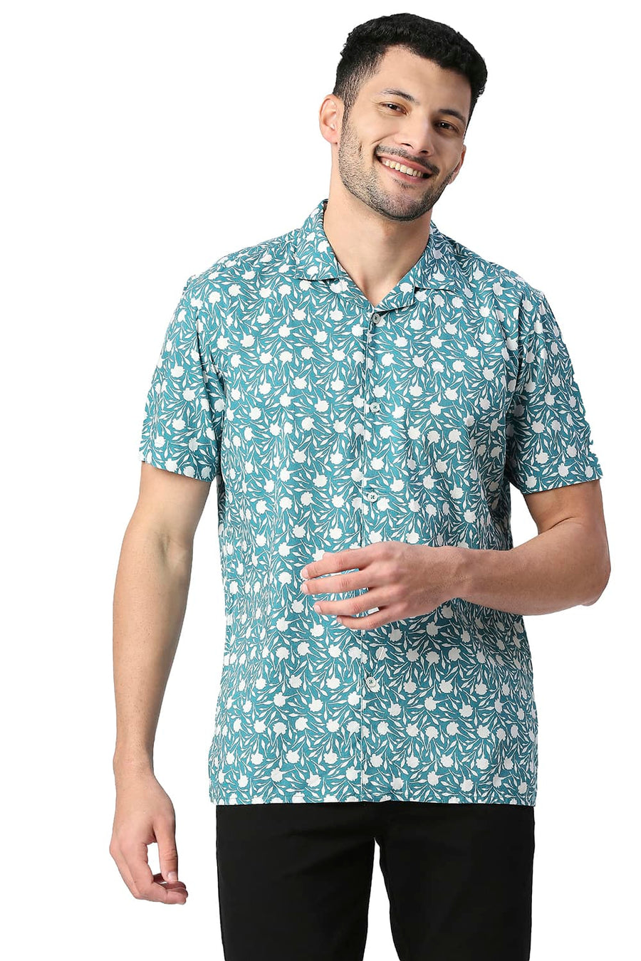 BASICS SLIM FIT DEEPLAKE TURQUOISE COTTON VISCOSE PRINTED HALFSLEEVES SHIRT