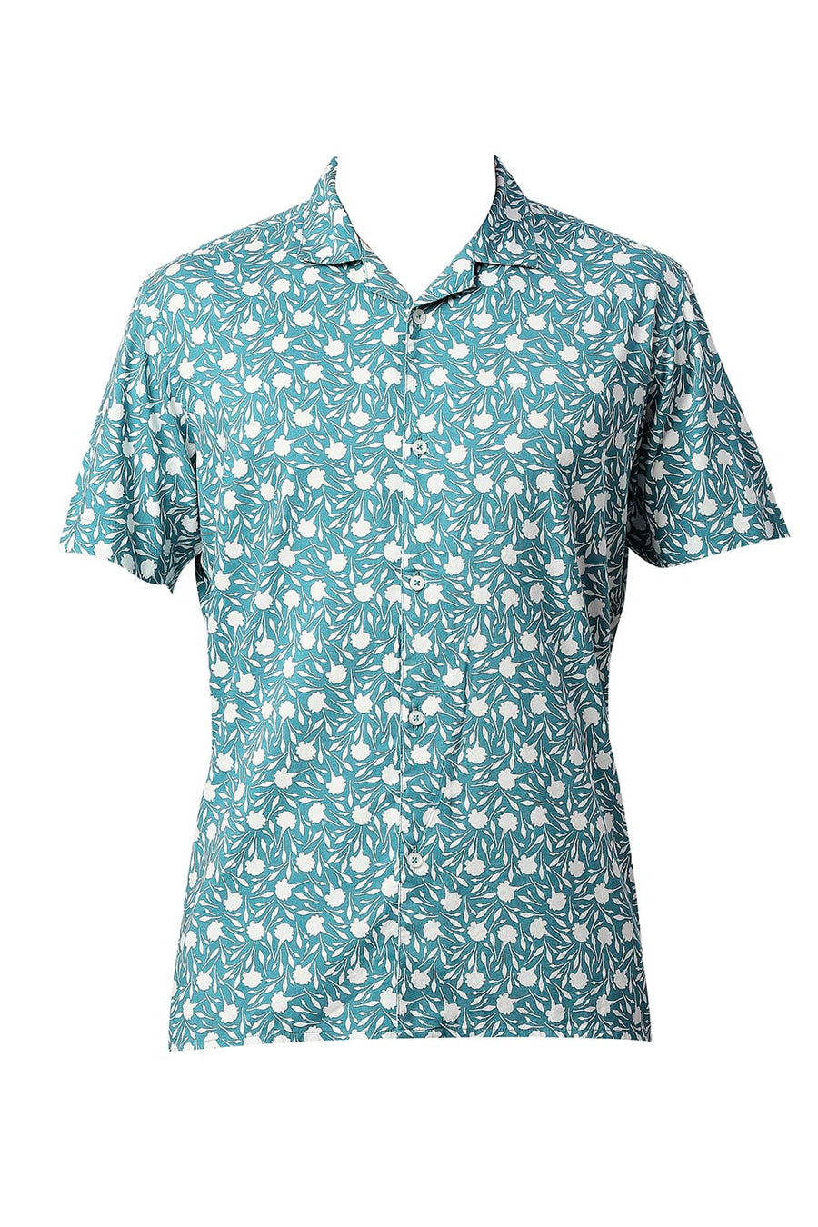 BASICS SLIM FIT DEEPLAKE TURQUOISE COTTON VISCOSE PRINTED HALFSLEEVES SHIRT