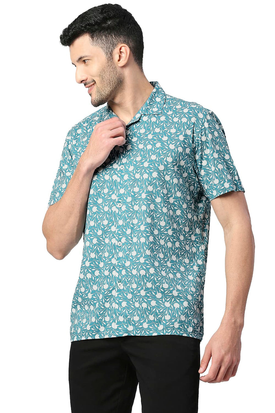 BASICS SLIM FIT DEEPLAKE TURQUOISE COTTON VISCOSE PRINTED HALFSLEEVES SHIRT