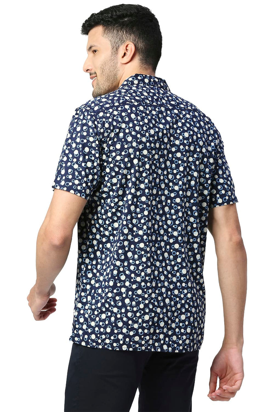 BASICS SLIM FIT TRUE NAVY COTTON VISCOSE PRINTED HALFSLEEVES SHIRT