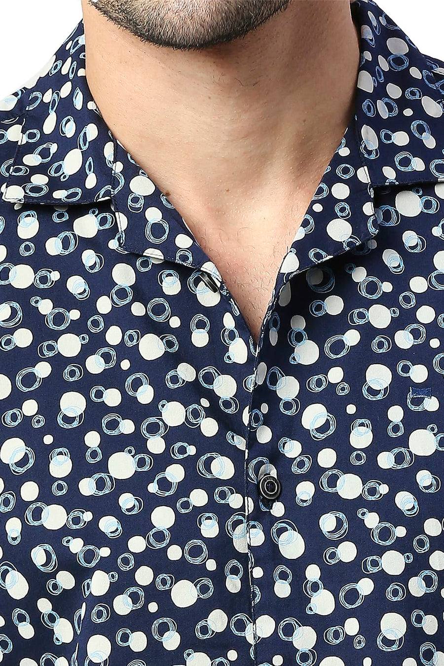 BASICS SLIM FIT TRUE NAVY COTTON VISCOSE PRINTED HALFSLEEVES SHIRT