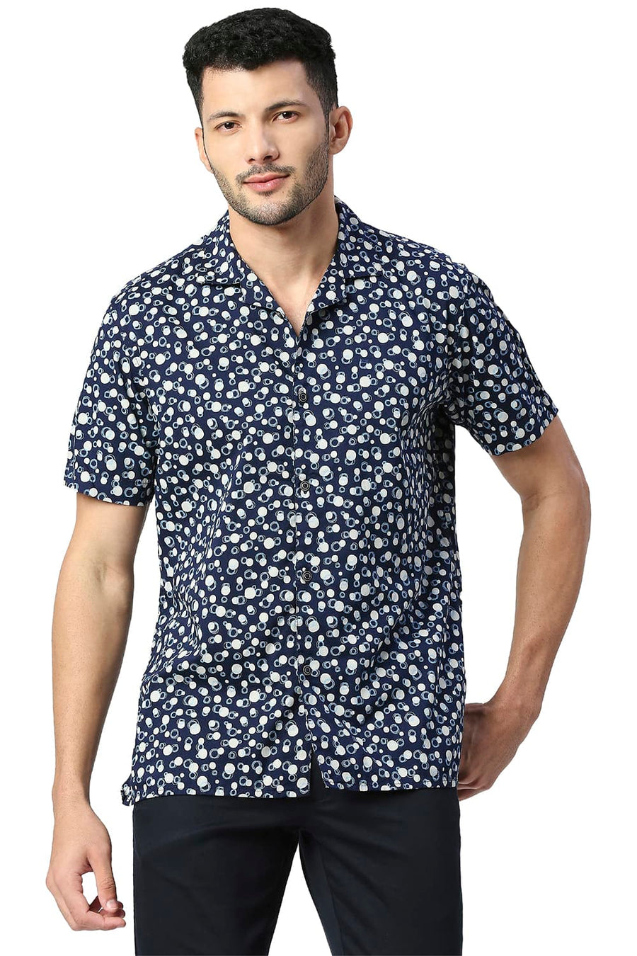 BASICS SLIM FIT TRUE NAVY COTTON VISCOSE PRINTED HALFSLEEVES SHIRT