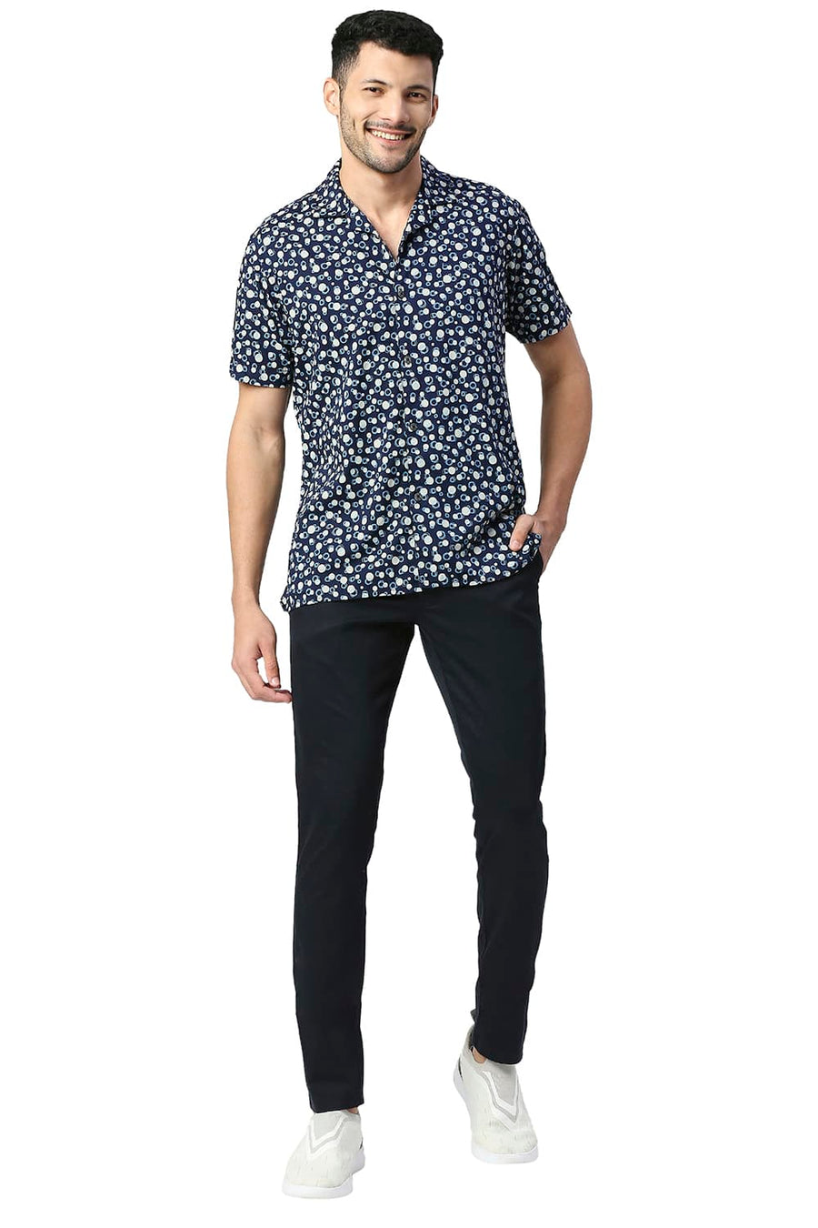 BASICS SLIM FIT TRUE NAVY COTTON VISCOSE PRINTED HALFSLEEVES SHIRT