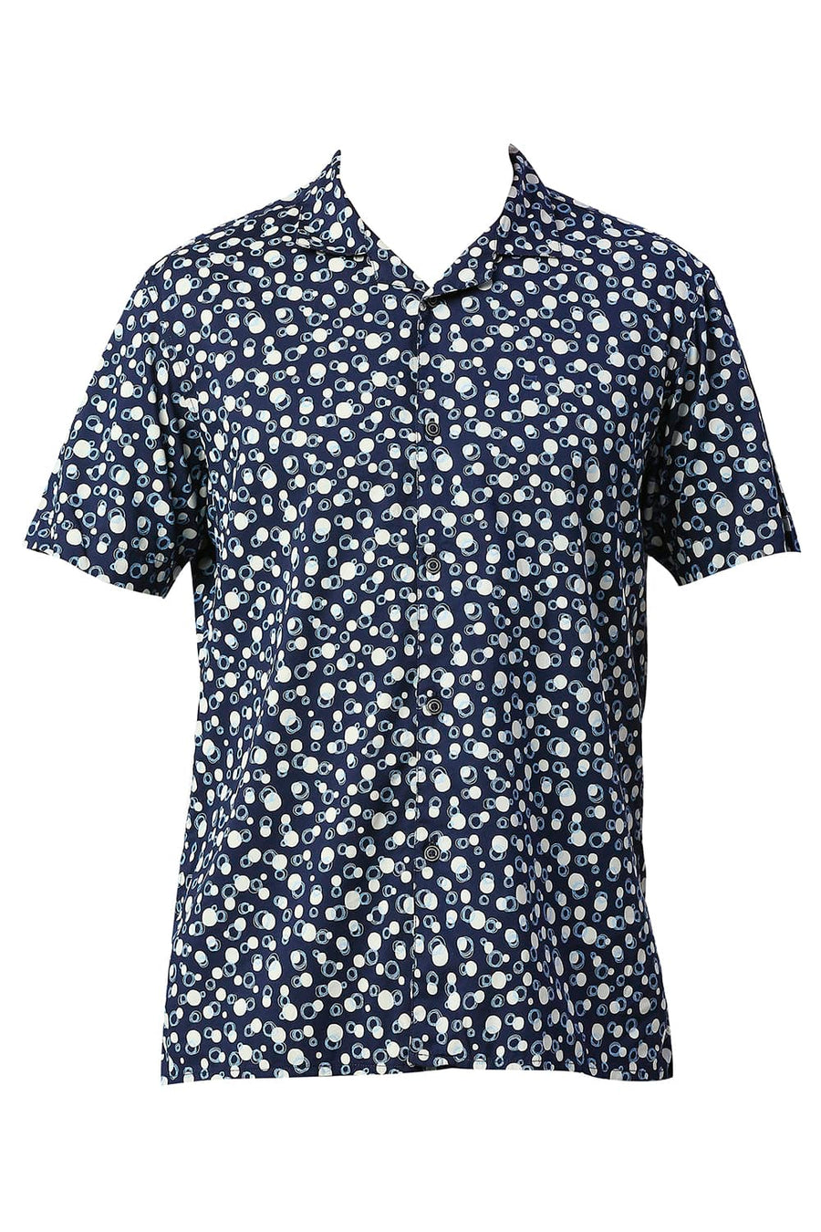 BASICS SLIM FIT TRUE NAVY COTTON VISCOSE PRINTED HALFSLEEVES SHIRT