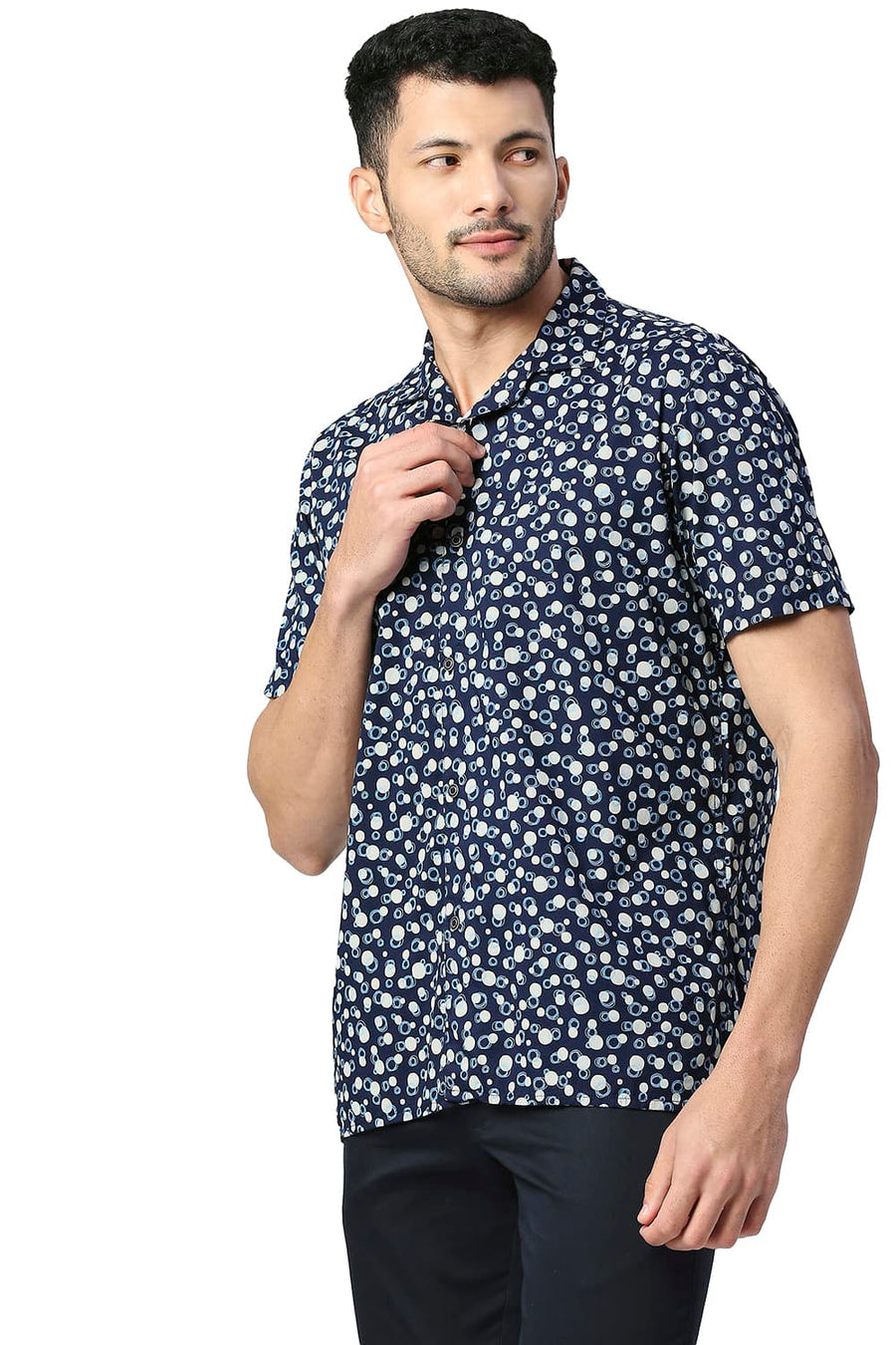 BASICS SLIM FIT TRUE NAVY COTTON VISCOSE PRINTED HALFSLEEVES SHIRT