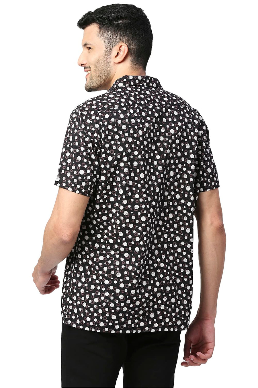 BASICS SLIM FIT CHARCOAL BLACK COTTON VISCOSE PRINTED HALFSLEEVES SHIRT