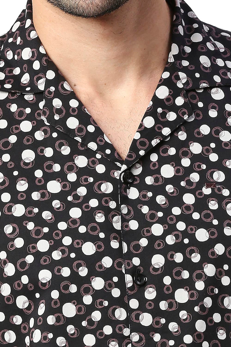 BASICS SLIM FIT CHARCOAL BLACK COTTON VISCOSE PRINTED HALFSLEEVES SHIRT