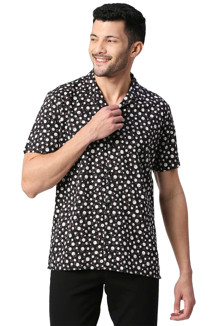 BASICS SLIM FIT CHARCOAL BLACK COTTON VISCOSE PRINTED HALFSLEEVES SHIRT