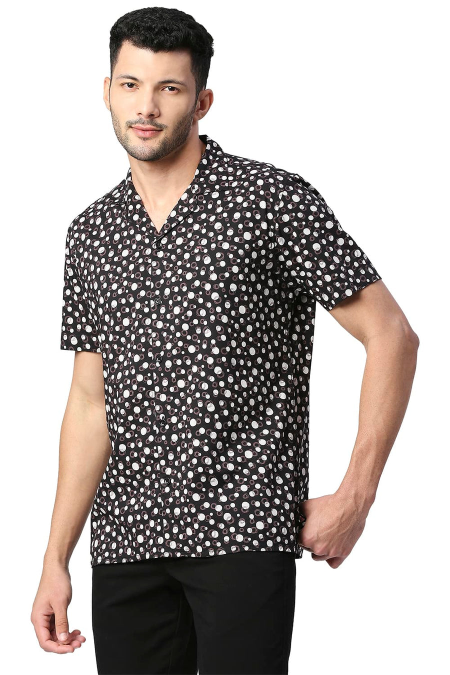 BASICS SLIM FIT CHARCOAL BLACK COTTON VISCOSE PRINTED HALFSLEEVES SHIRT