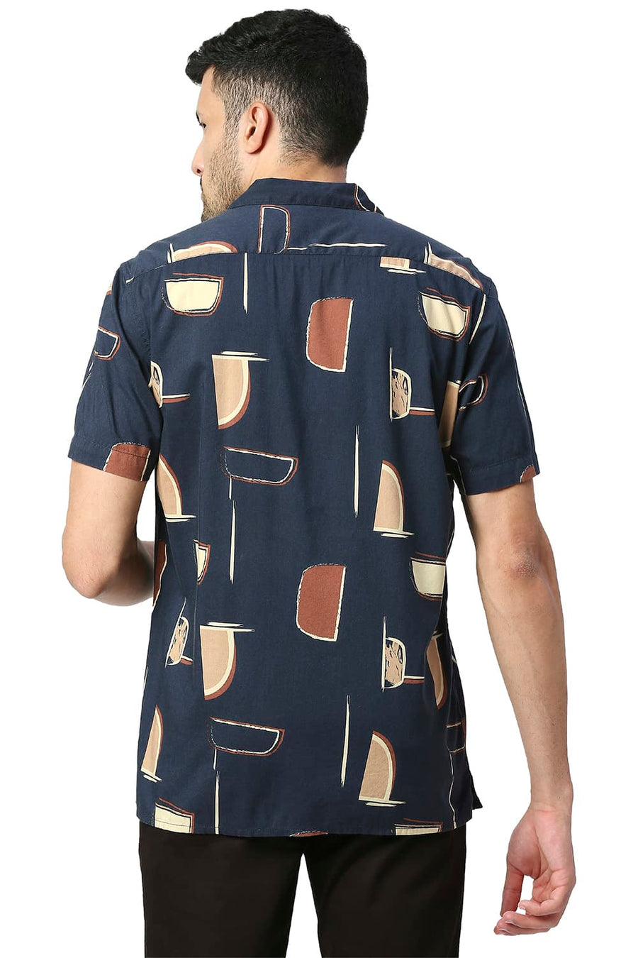 BASICS SLIM FIT TRUE NAVY COTTON VISCOSE PRINTED HALFSLEEVES SHIRT