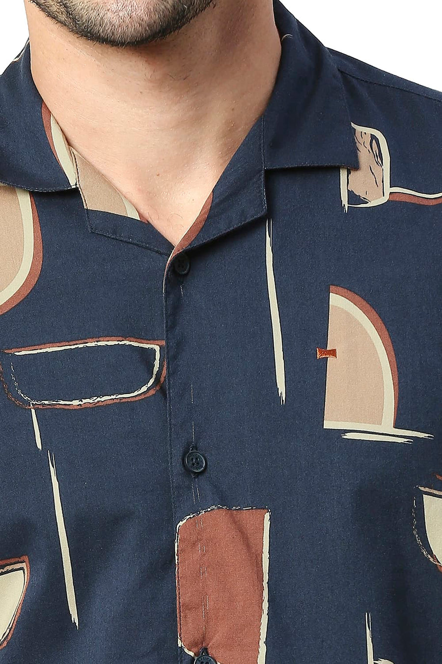 BASICS SLIM FIT TRUE NAVY COTTON VISCOSE PRINTED HALFSLEEVES SHIRT