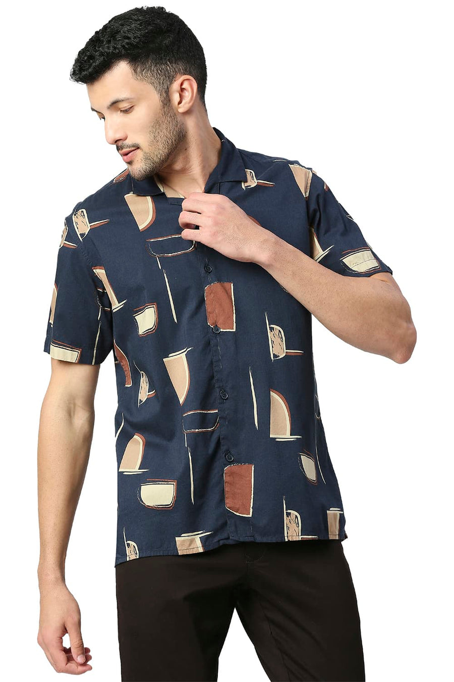 BASICS SLIM FIT TRUE NAVY COTTON VISCOSE PRINTED HALFSLEEVES SHIRT