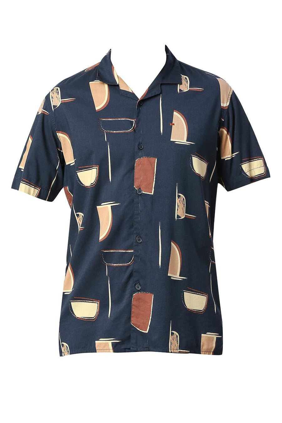 BASICS SLIM FIT TRUE NAVY COTTON VISCOSE PRINTED HALFSLEEVES SHIRT