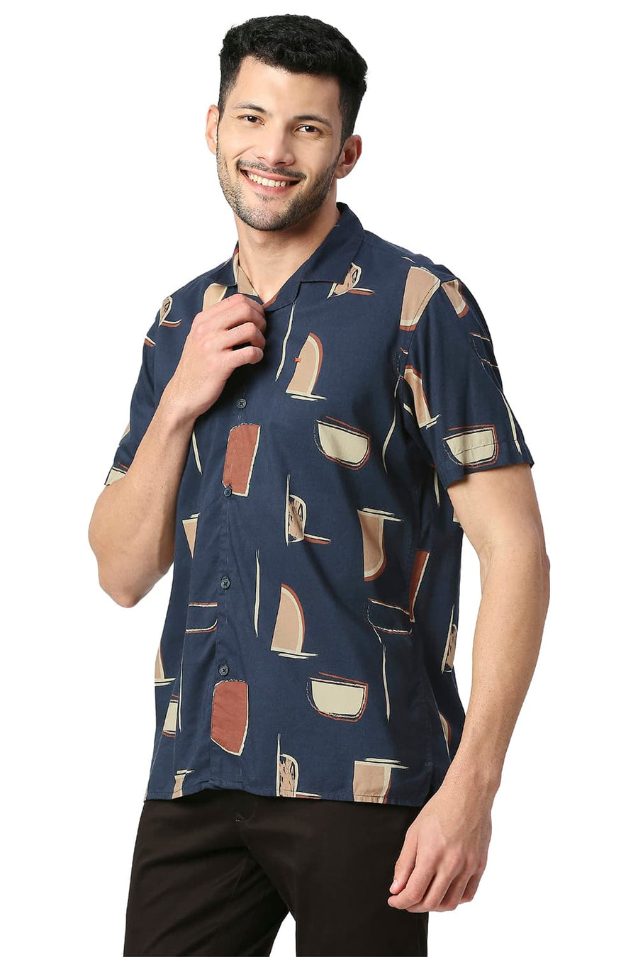 BASICS SLIM FIT TRUE NAVY COTTON VISCOSE PRINTED HALFSLEEVES SHIRT
