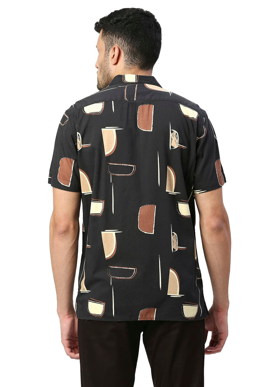 BASICS SLIM FIT CHARCOAL BLACK COTTON VISCOSE PRINTED HALFSLEEVES SHIRT