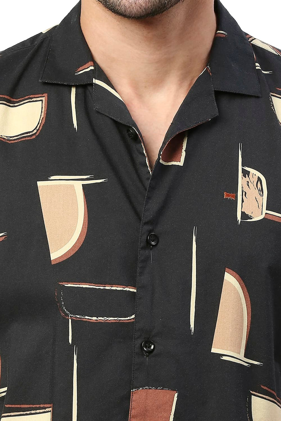 BASICS SLIM FIT CHARCOAL BLACK COTTON VISCOSE PRINTED HALFSLEEVES SHIRT