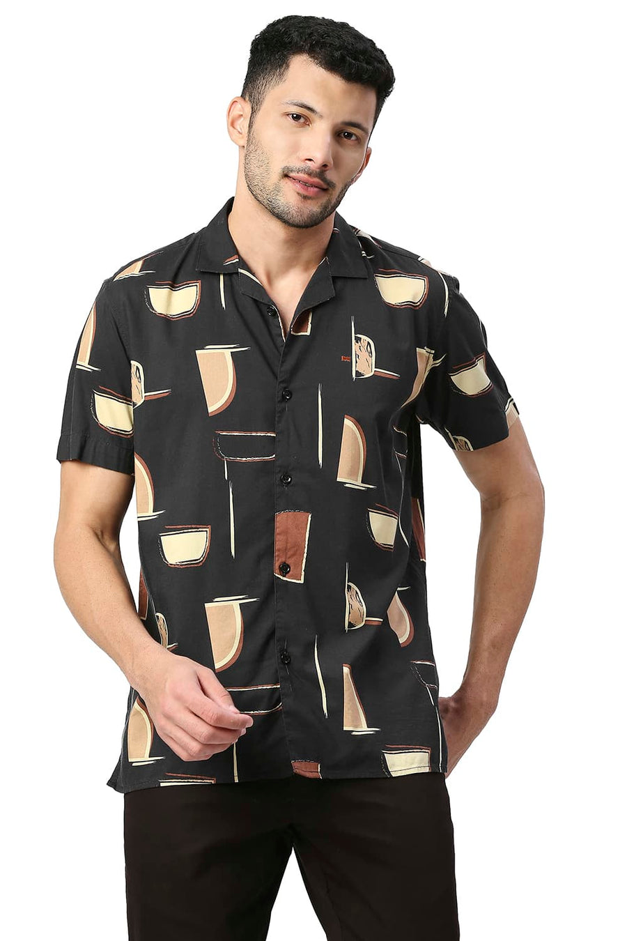 BASICS SLIM FIT CHARCOAL BLACK COTTON VISCOSE PRINTED HALFSLEEVES SHIRT