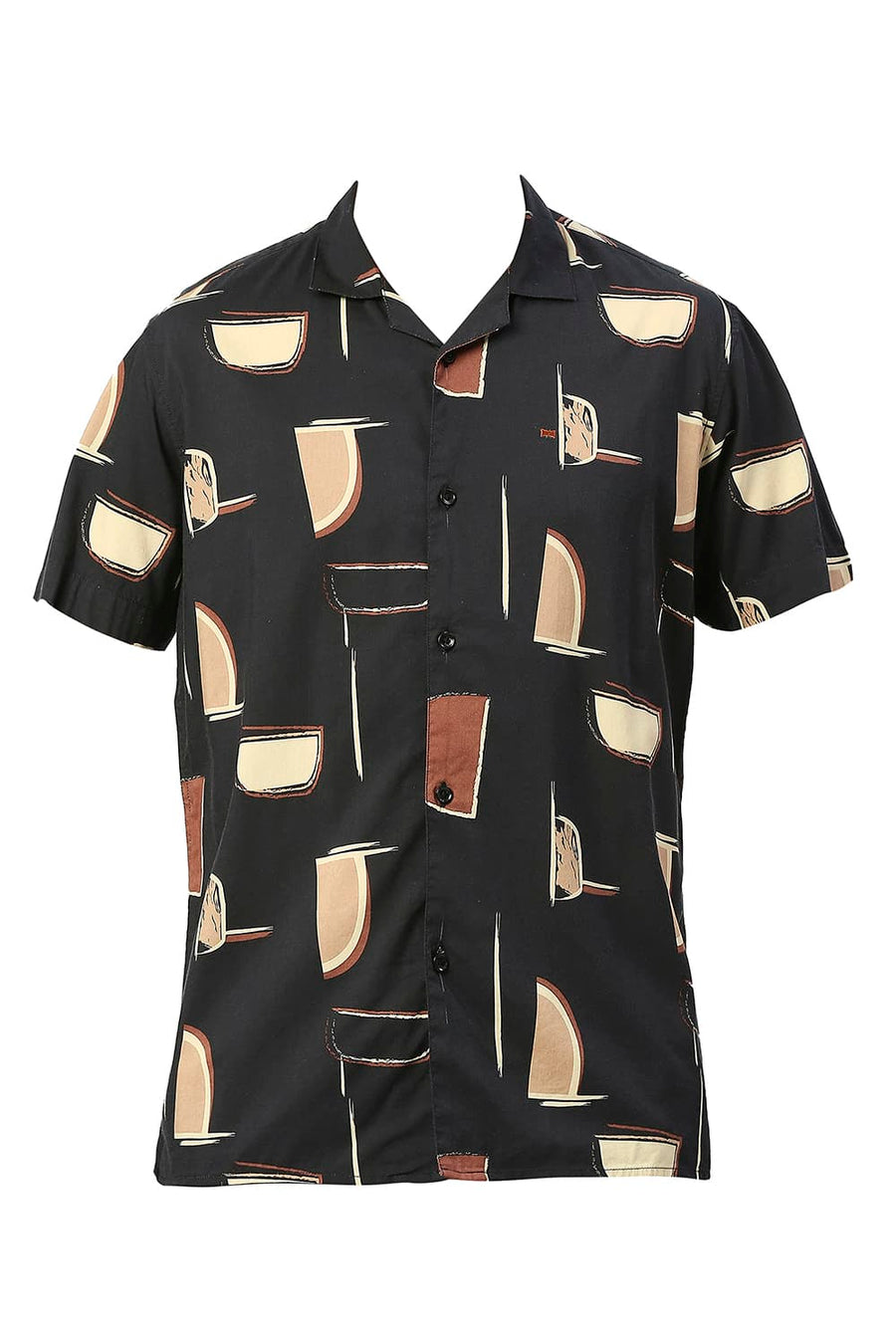 BASICS SLIM FIT CHARCOAL BLACK COTTON VISCOSE PRINTED HALFSLEEVES SHIRT