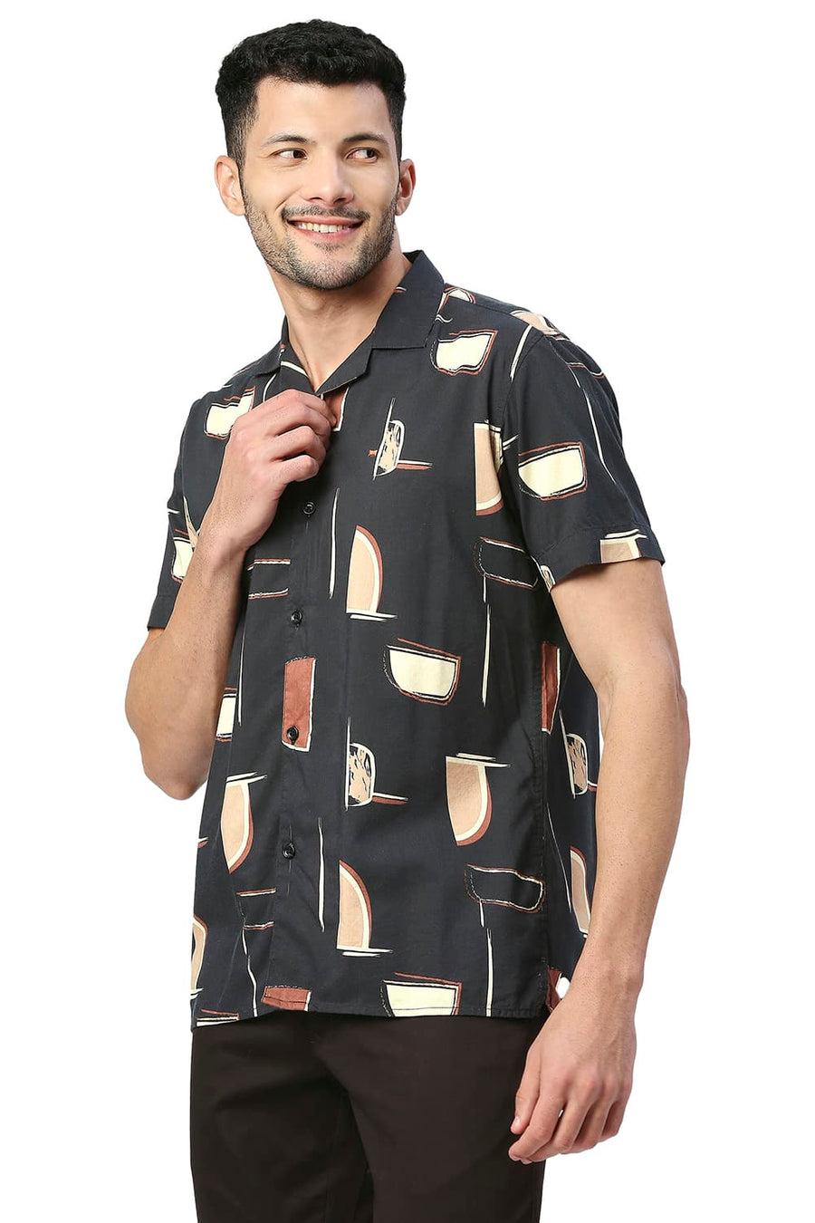 BASICS SLIM FIT CHARCOAL BLACK COTTON VISCOSE PRINTED HALFSLEEVES SHIRT
