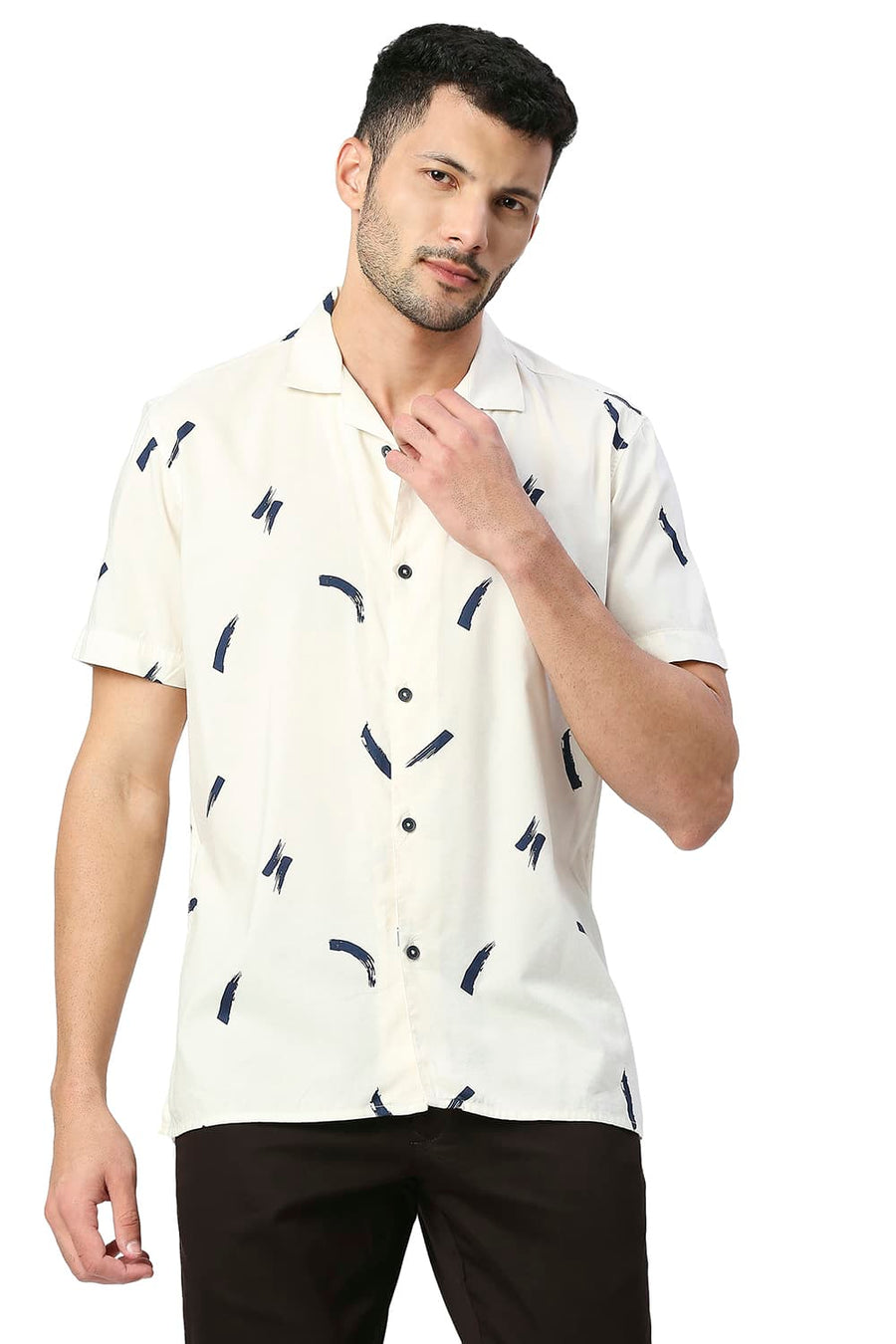 BASICS SLIM FIT ICING YELLOW COTTON VISCOSE PRINTED HALFSLEEVES SHIRT