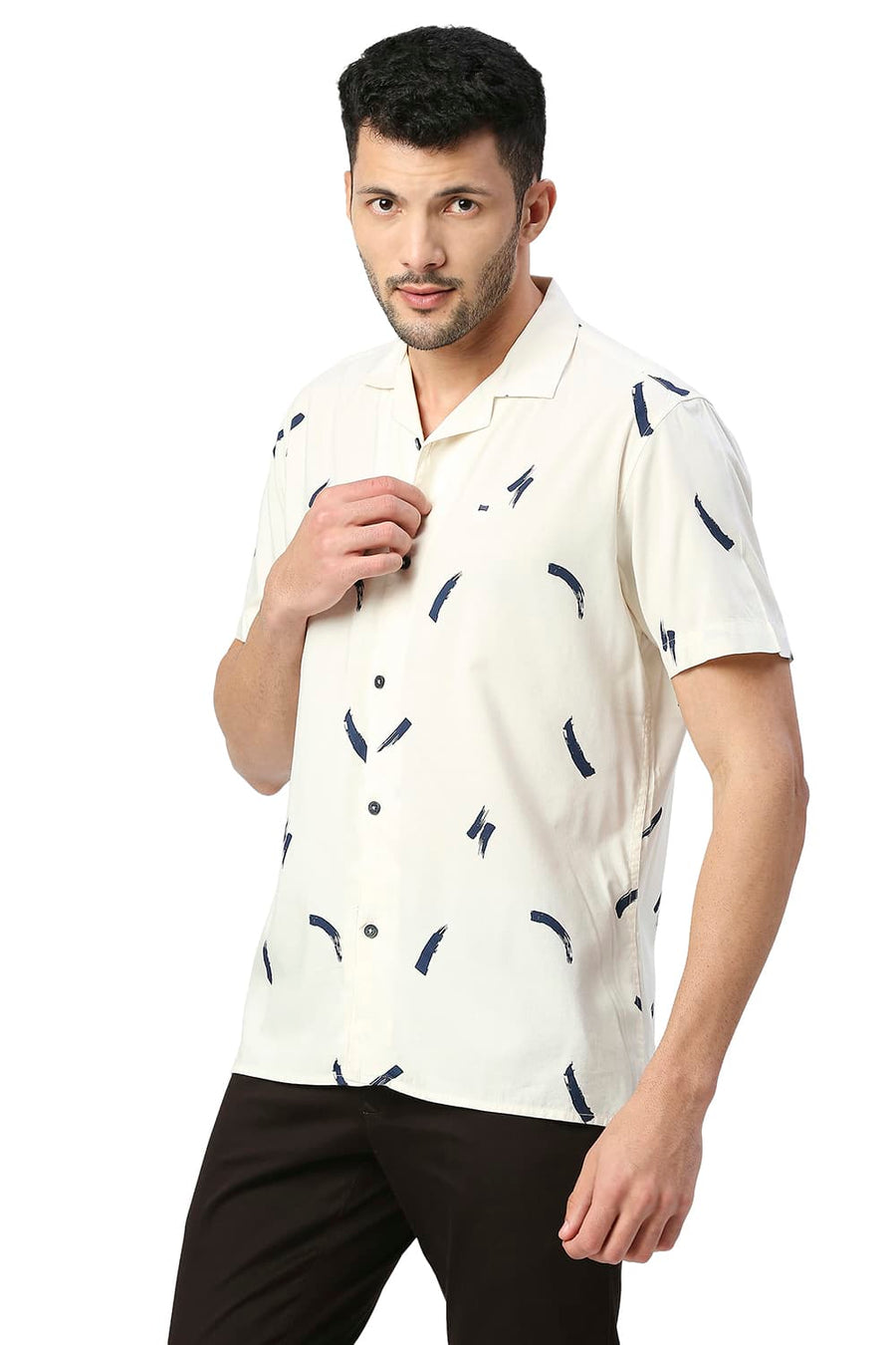BASICS SLIM FIT ICING YELLOW COTTON VISCOSE PRINTED HALFSLEEVES SHIRT