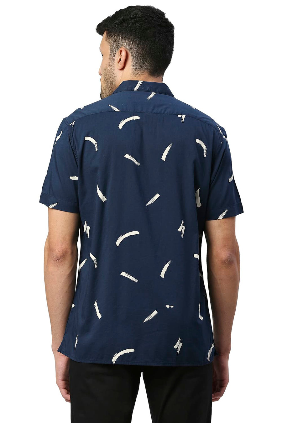 BASICS SLIM FIT TRUE NAVY COTTON VISCOSE PRINTED HALFSLEEVES SHIRT