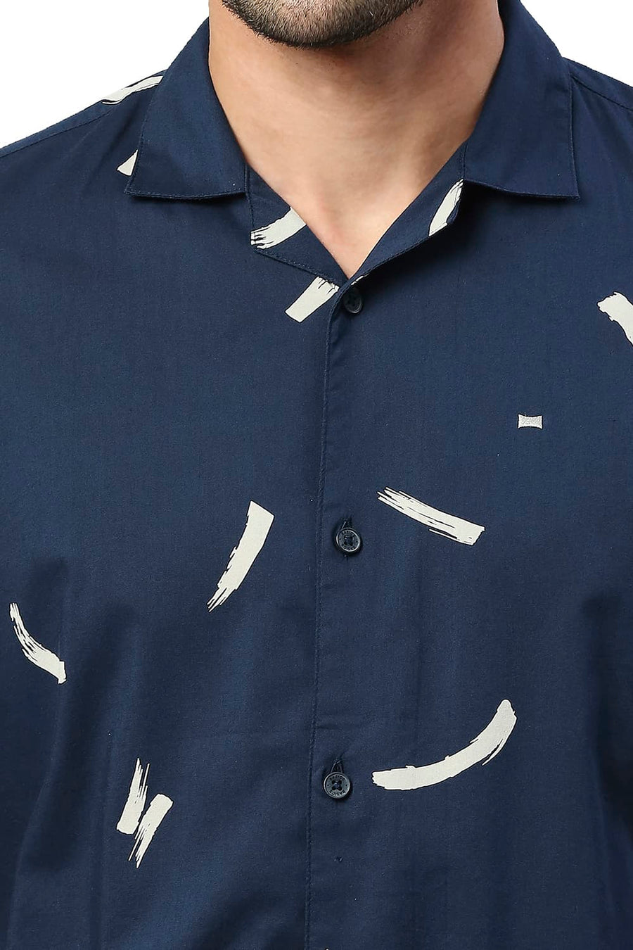 BASICS SLIM FIT TRUE NAVY COTTON VISCOSE PRINTED HALFSLEEVES SHIRT