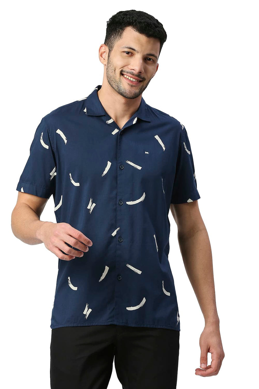 BASICS SLIM FIT TRUE NAVY COTTON VISCOSE PRINTED HALFSLEEVES SHIRT