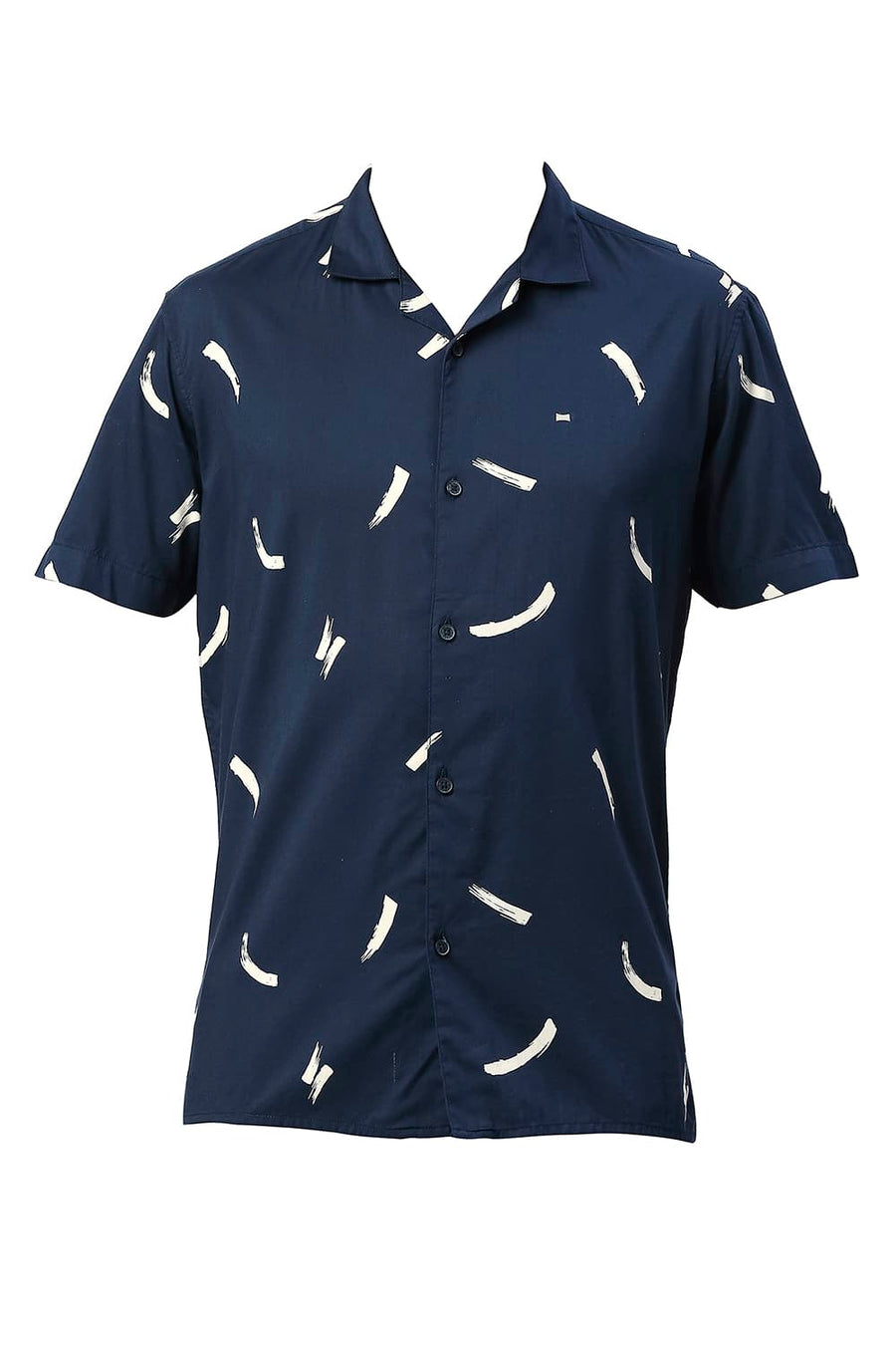 BASICS SLIM FIT TRUE NAVY COTTON VISCOSE PRINTED HALFSLEEVES SHIRT