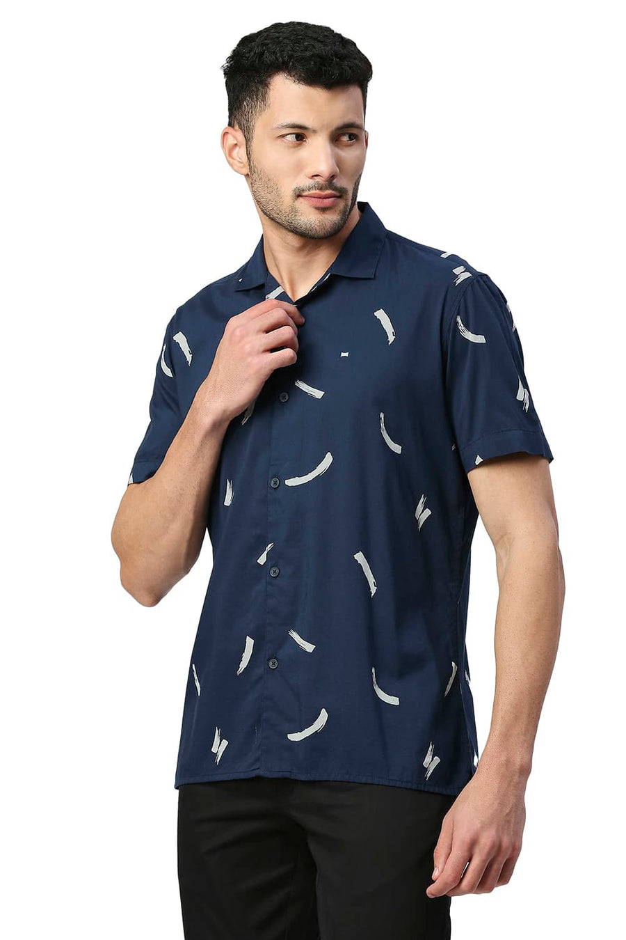 BASICS SLIM FIT TRUE NAVY COTTON VISCOSE PRINTED HALFSLEEVES SHIRT