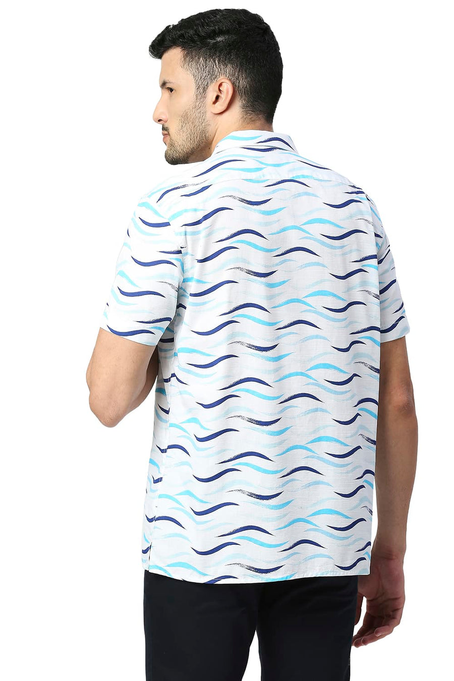 BASICS SLIM FIT RIVER BLUE COTTON SLUB PRINTED SHIRT