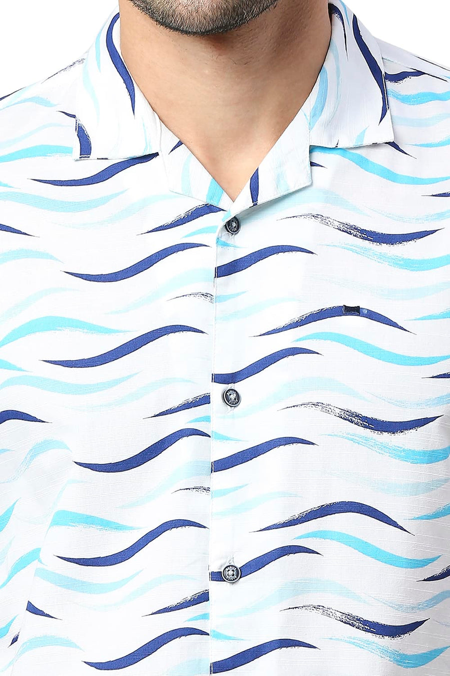 BASICS SLIM FIT RIVER BLUE COTTON SLUB PRINTED SHIRT
