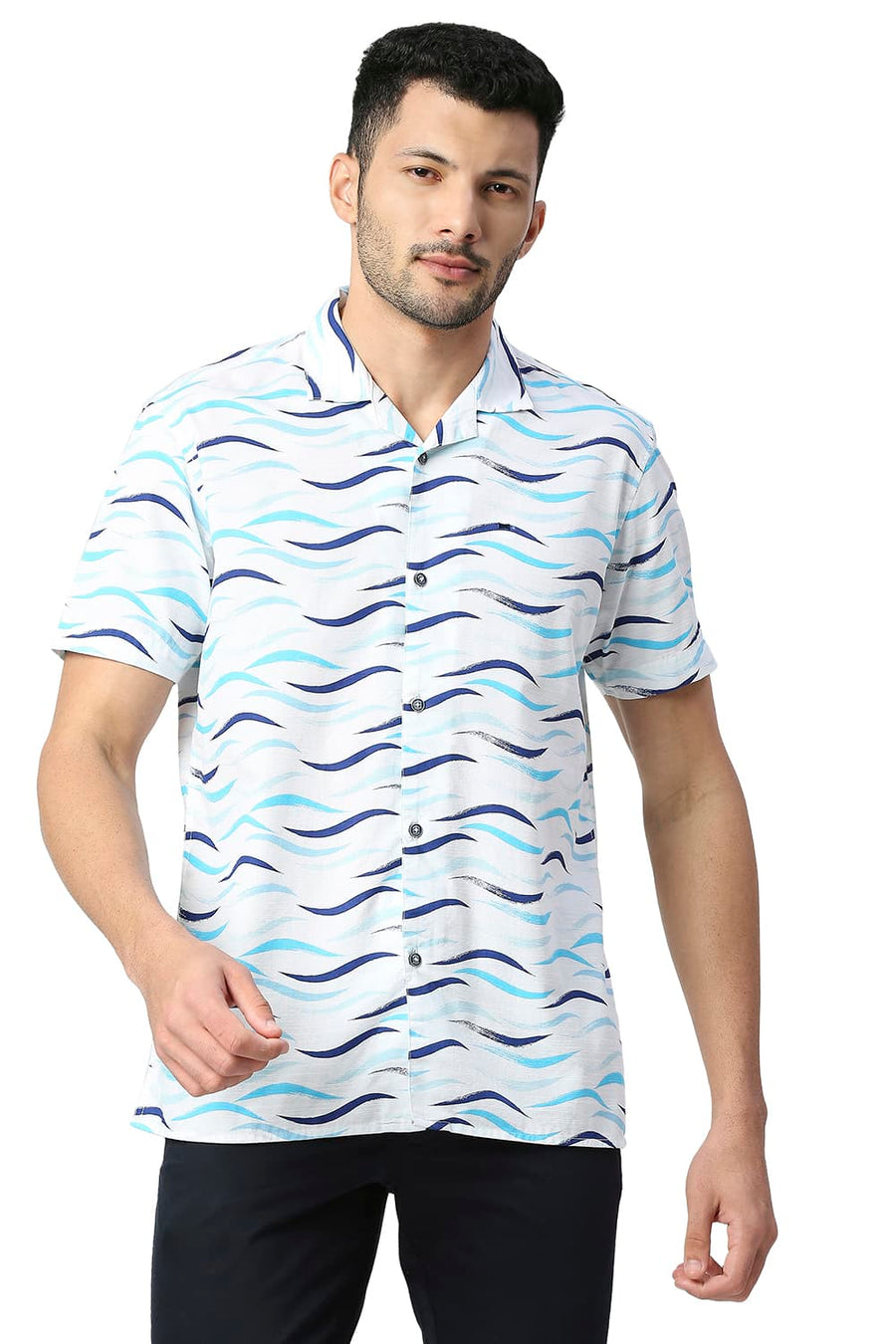 BASICS SLIM FIT RIVER BLUE COTTON SLUB PRINTED SHIRT