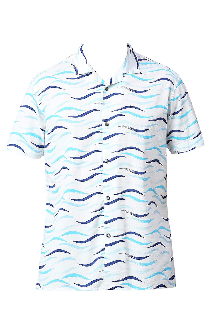 BASICS SLIM FIT RIVER BLUE COTTON SLUB PRINTED SHIRT