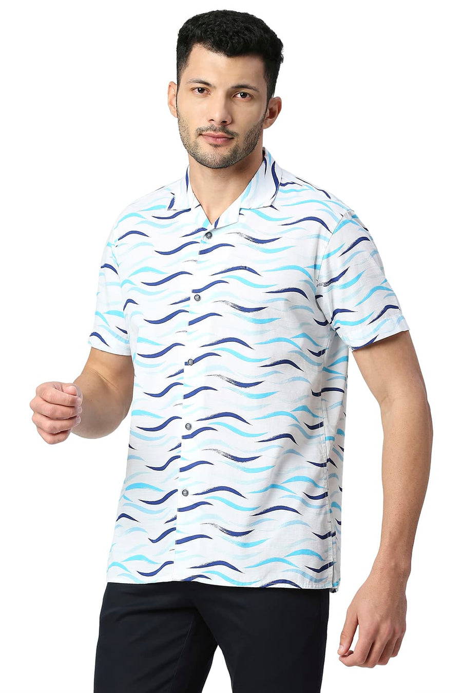 BASICS SLIM FIT RIVER BLUE COTTON SLUB PRINTED SHIRT
