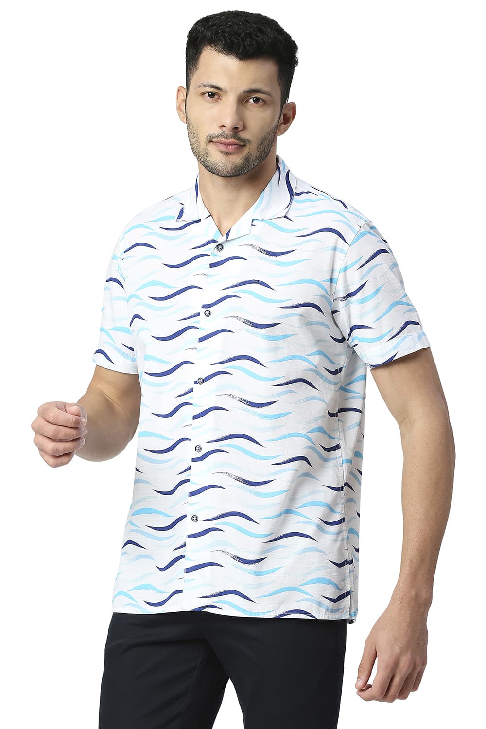 BASICS SLIM FIT COTTON SLUB PRINTED SHIRT