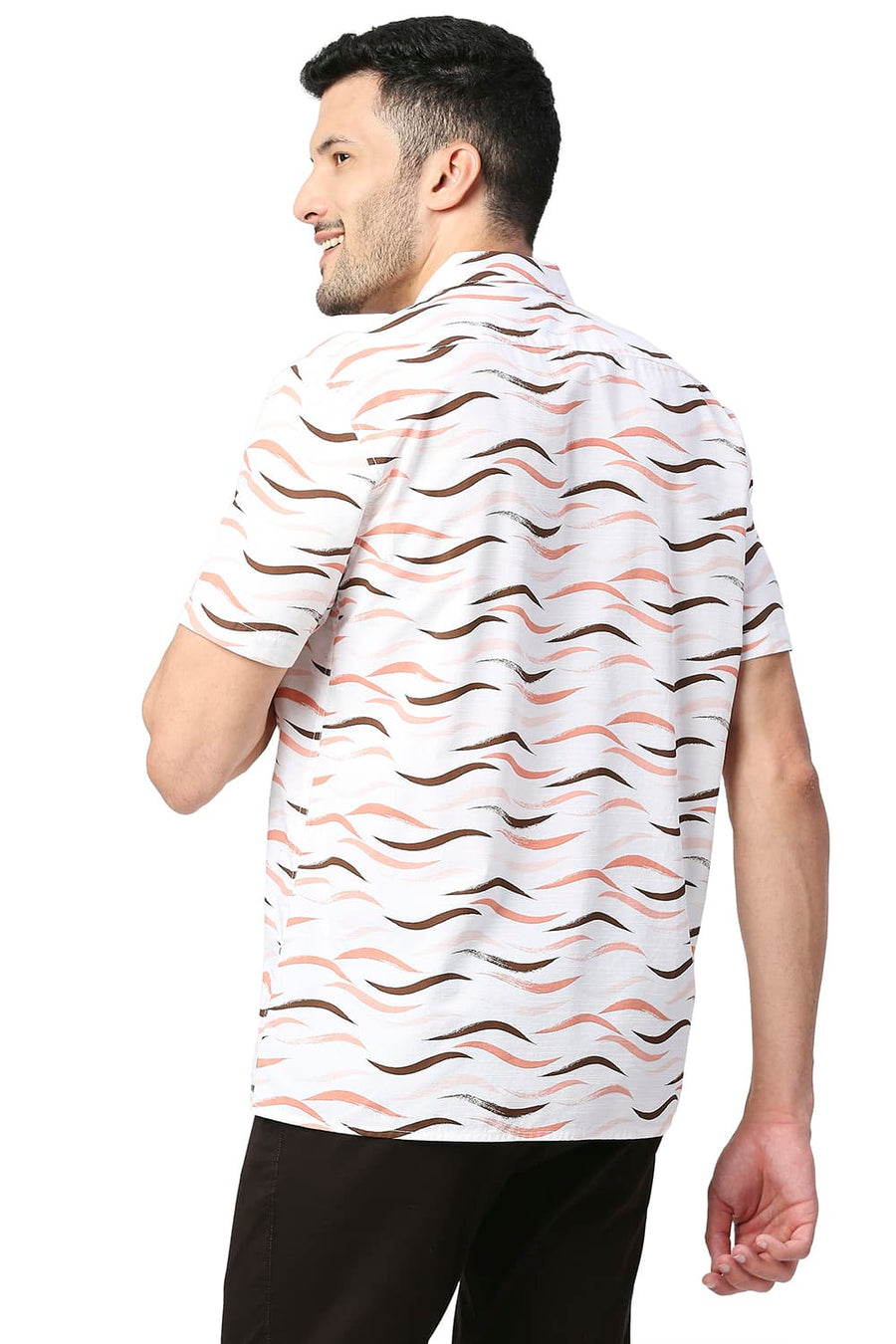 BASICS SLIM FIT FLAMINGO ORANGE COTTON SLUB PRINTED SHIRT