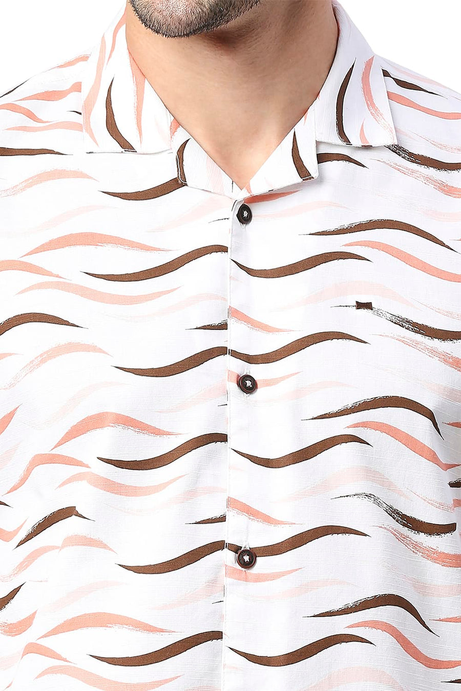 BASICS SLIM FIT FLAMINGO ORANGE COTTON SLUB PRINTED SHIRT