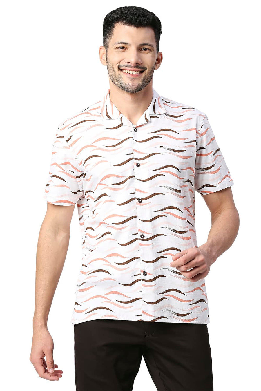 BASICS SLIM FIT FLAMINGO ORANGE COTTON SLUB PRINTED SHIRT