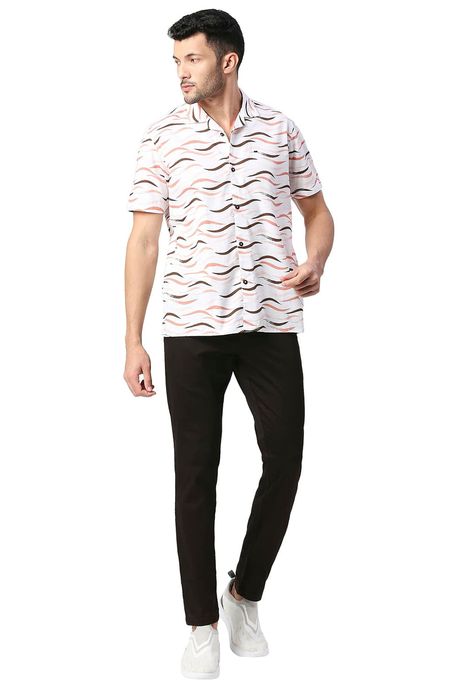 BASICS SLIM FIT FLAMINGO ORANGE COTTON SLUB PRINTED SHIRT