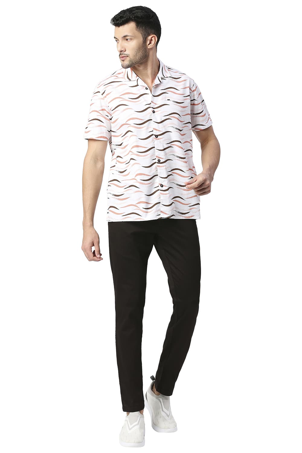 BASICS SLIM FIT COTTON SLUB PRINTED SHIRT