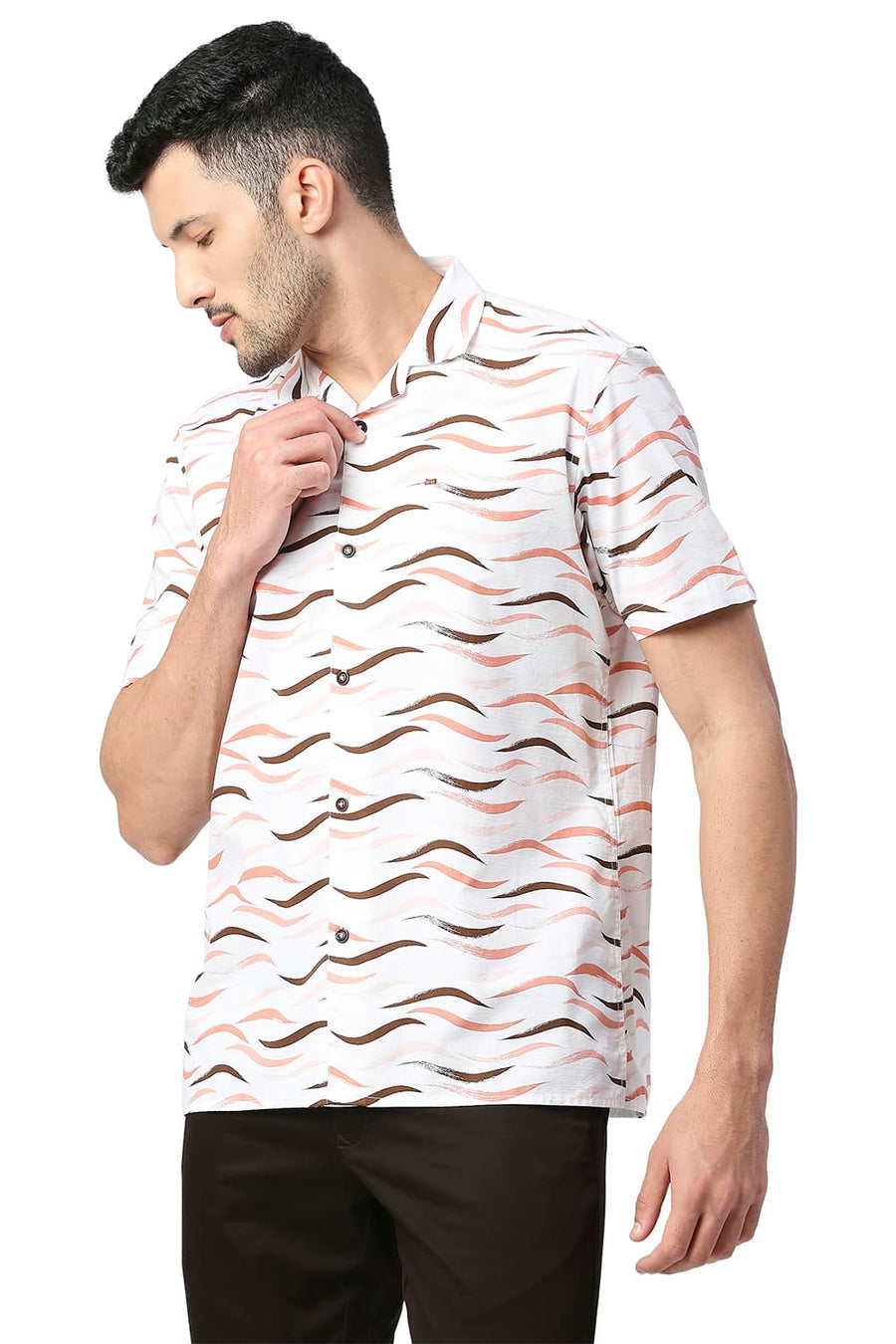 BASICS SLIM FIT FLAMINGO ORANGE COTTON SLUB PRINTED SHIRT