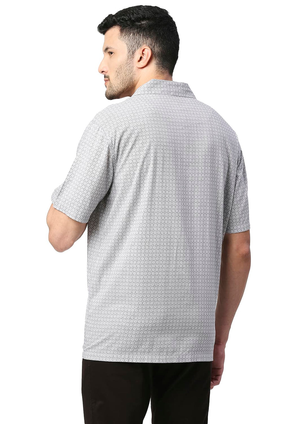 BASICS SLIM FIT SILVER GREY COTTON VISCOSE PRINTED HALFSLEEVES SHIRT