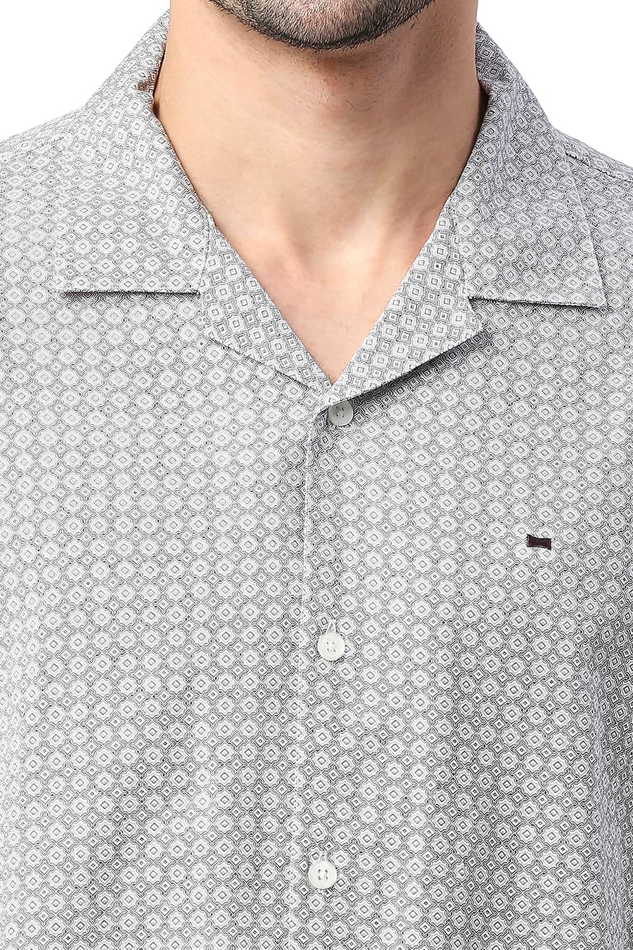 BASICS SLIM FIT SILVER GREY COTTON VISCOSE PRINTED HALFSLEEVES SHIRT