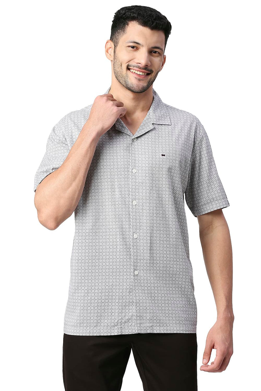 BASICS SLIM FIT SILVER GREY COTTON VISCOSE PRINTED HALFSLEEVES SHIRT