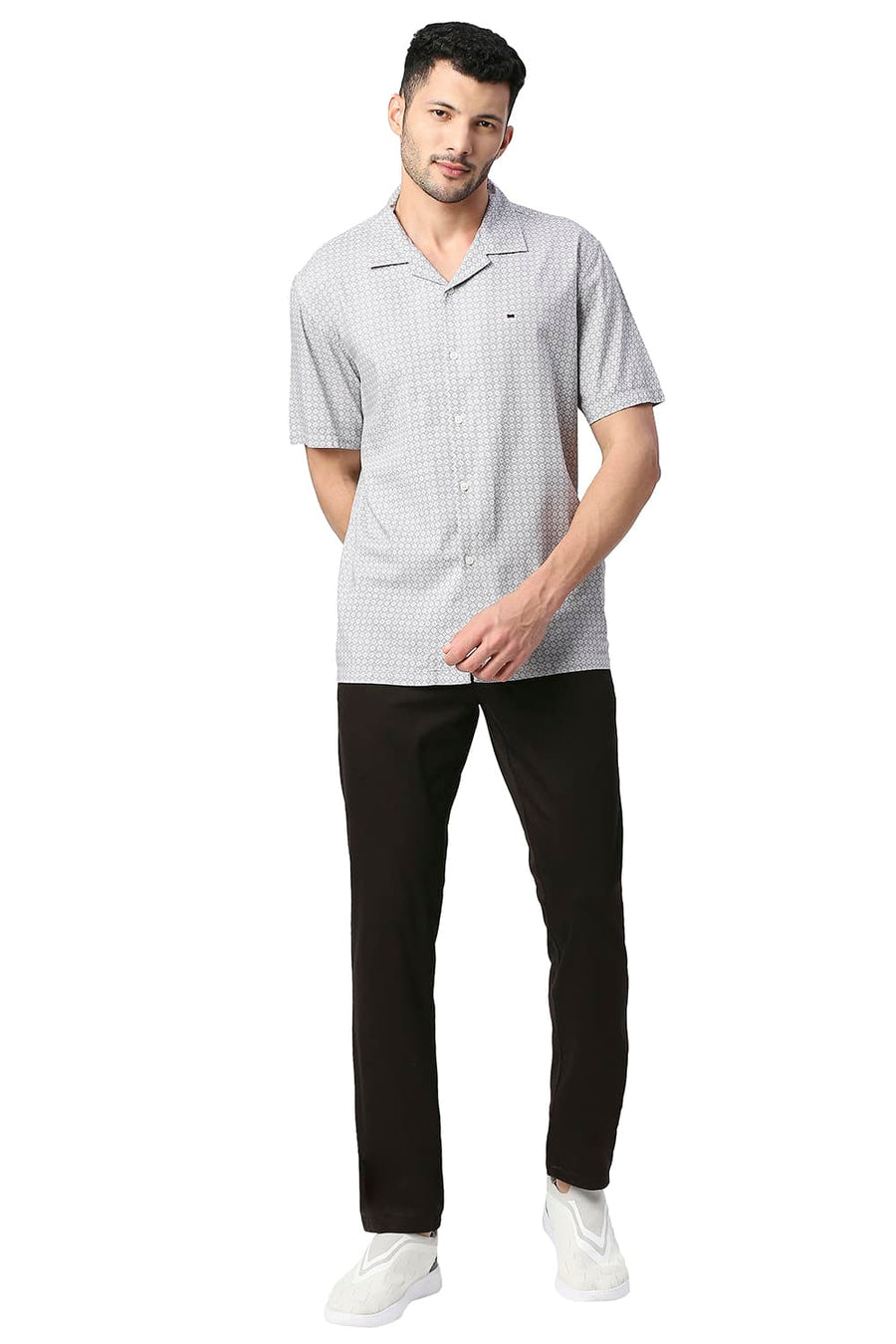 BASICS SLIM FIT SILVER GREY COTTON VISCOSE PRINTED HALFSLEEVES SHIRT